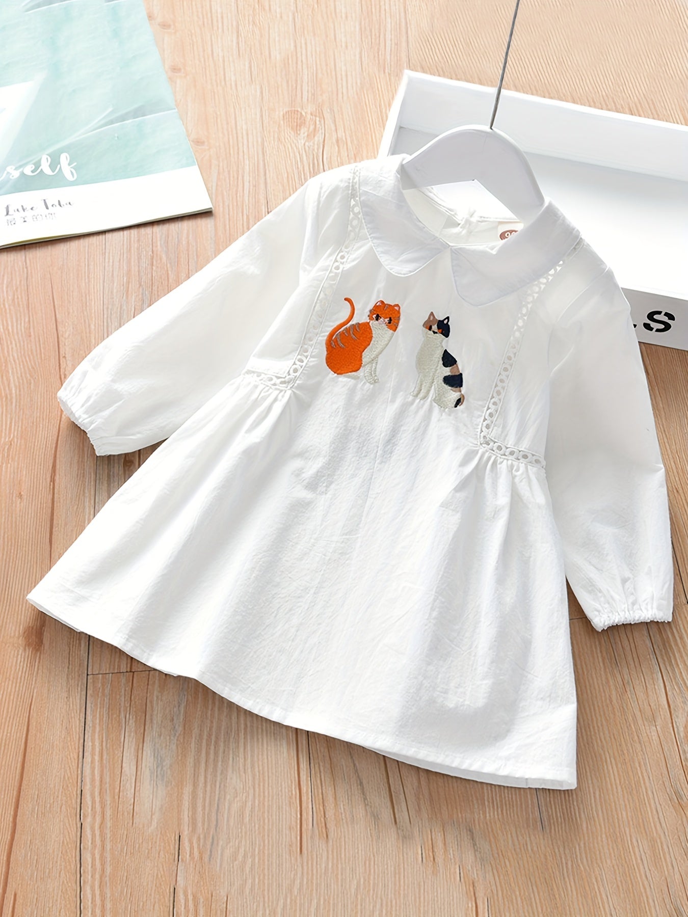 Girls' Kitty Embroidered Cotton Shirt Dress