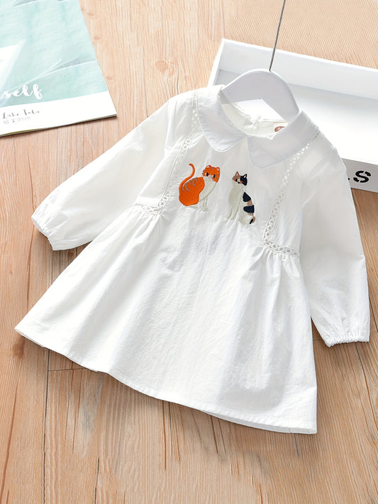 Girls' Kitty Embroidered Cotton Shirt Dress
