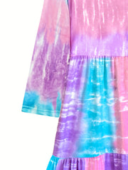 Women's Plus Tie Dye Long Sleeve Round Neck Ruffle Trim Smock Dress