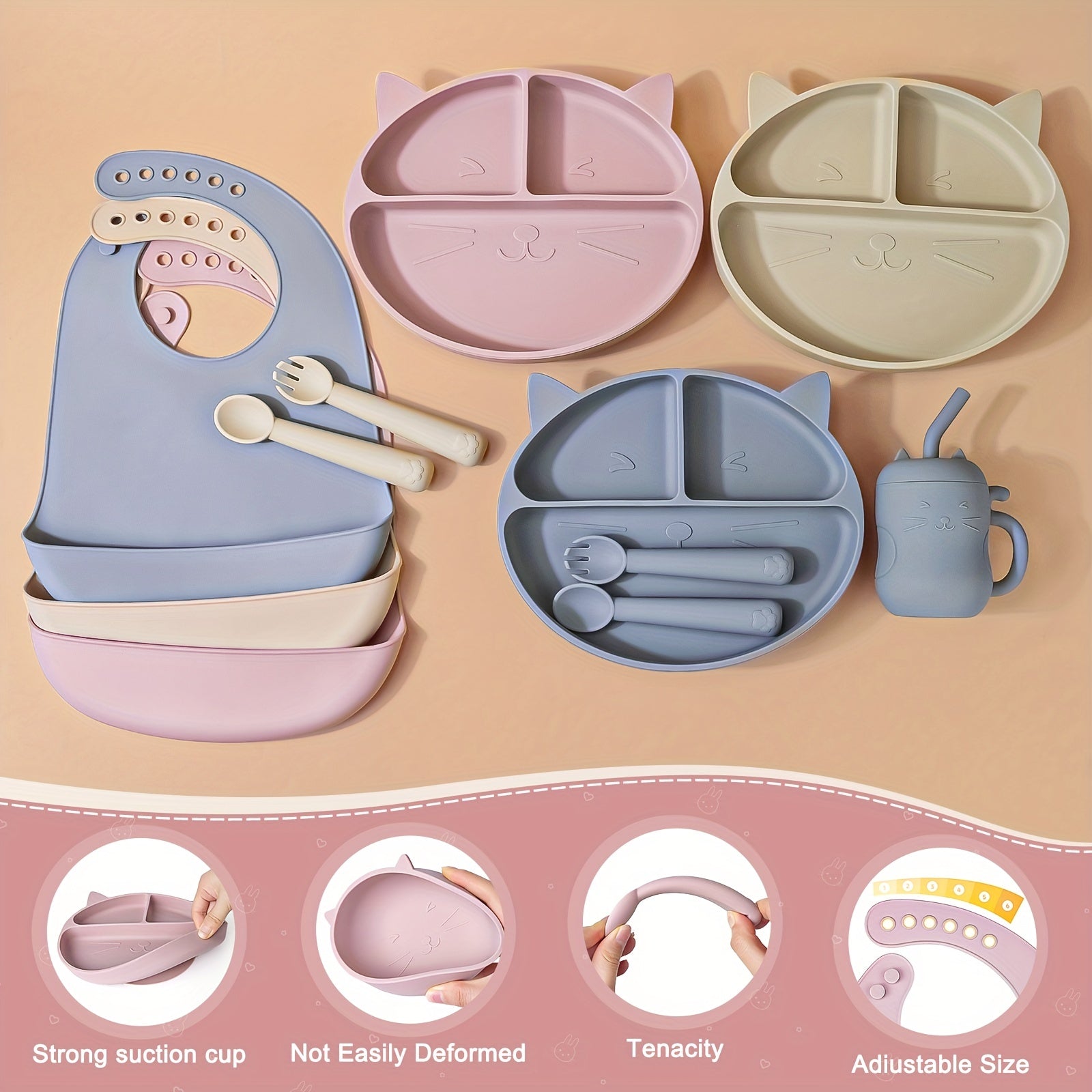 Toddler Plates Silicone Infant Eating Set Cat 3-5pcs