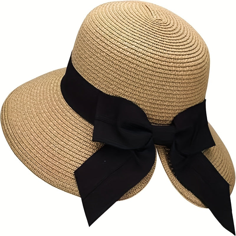 Bowknot Ponytail Sun Hat Wide Brim UV Protection Straw Hat Lightweight Foldable