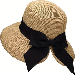 Bowknot Ponytail Sun Hat Wide Brim UV Protection Straw Hat Lightweight Foldable