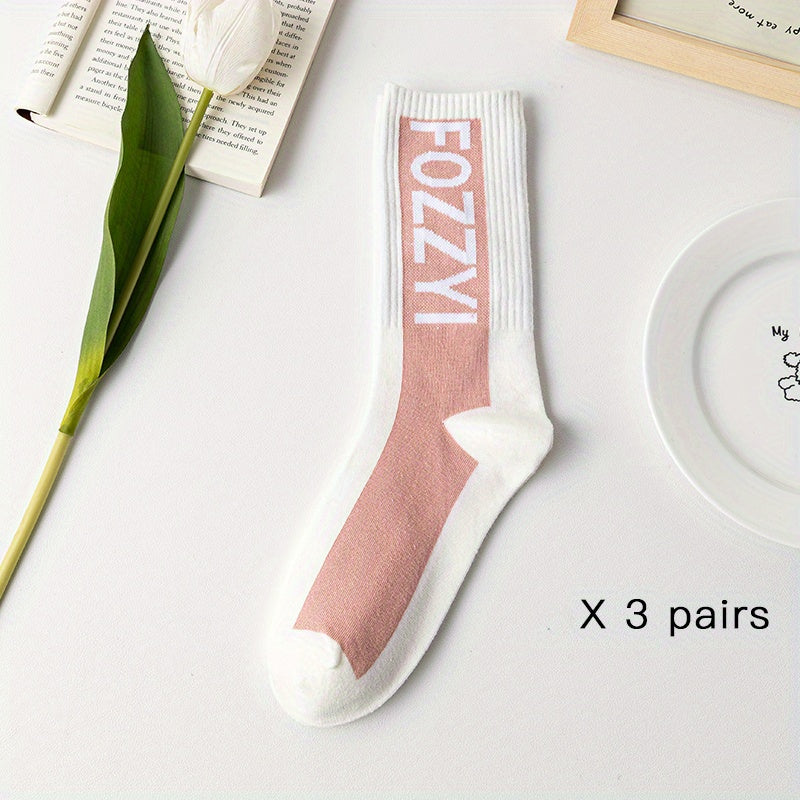 3 Pairs Letter Striped Socks Comfy & Breathable Women's Stockings