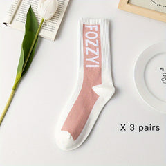 3 Pairs Letter Striped Socks Comfy & Breathable Women's Stockings