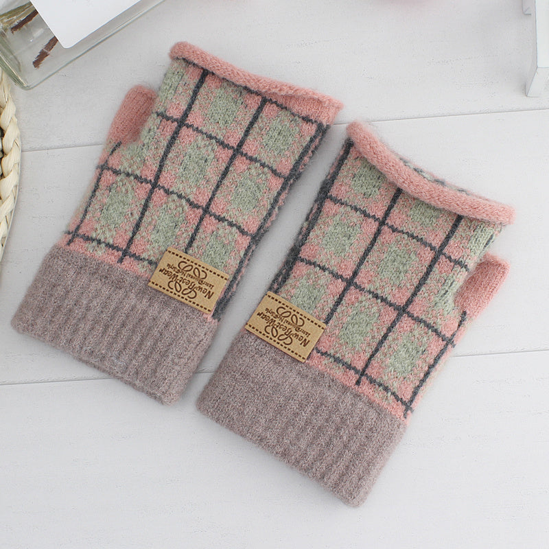 Women's Plaid Striped Woolen Half Finger Gloves