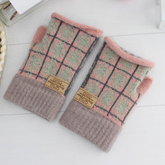 Women's Plaid Striped Woolen Half Finger Gloves
