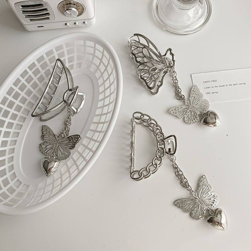 Vintage Silver Hair Claw Pin Hollow Out Butterfly Heart Tassel Hair Clip