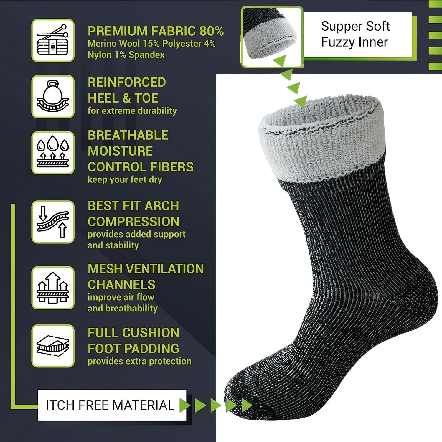 Men's Warm Wool Socks for Outdoor Running, 3 Pairs