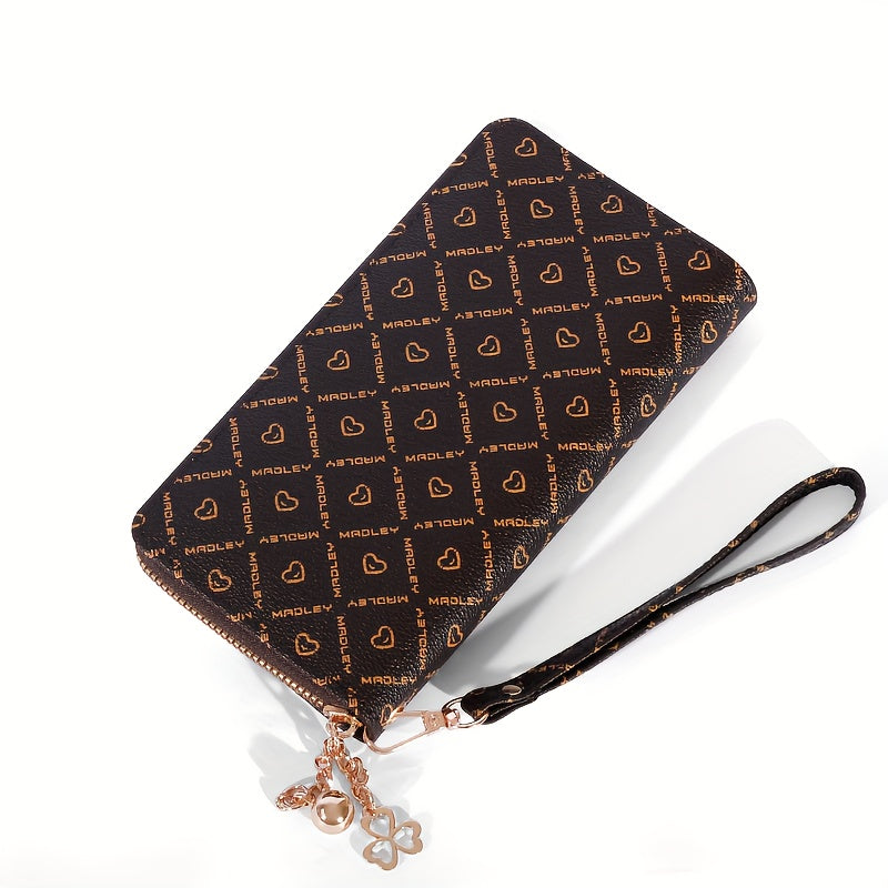 Heart Print Clutch Bag Faux Leather Long Wallet with Wristlet