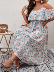 Floral Print Ruffle Trim Cold Shoulder Casual Dress