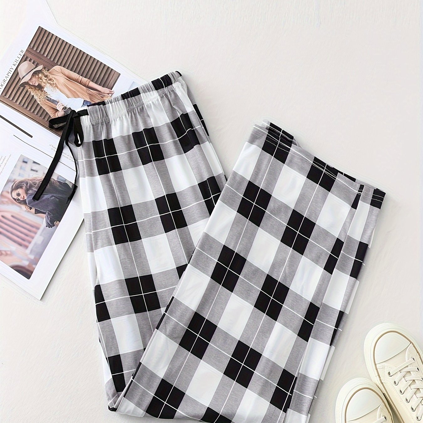  Plaid Print Drawstring Elastic Casual Pants