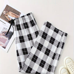  Plaid Print Drawstring Elastic Casual Pants