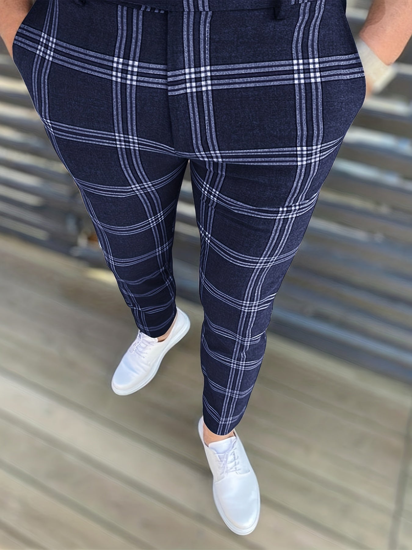 Men's Slim Fit Plaid Slacks Vintage Style Stretch Dress Pants