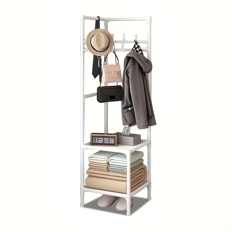 2 Tier Coat Rack with 4 Double Hooks - Sturdy Standing Storage