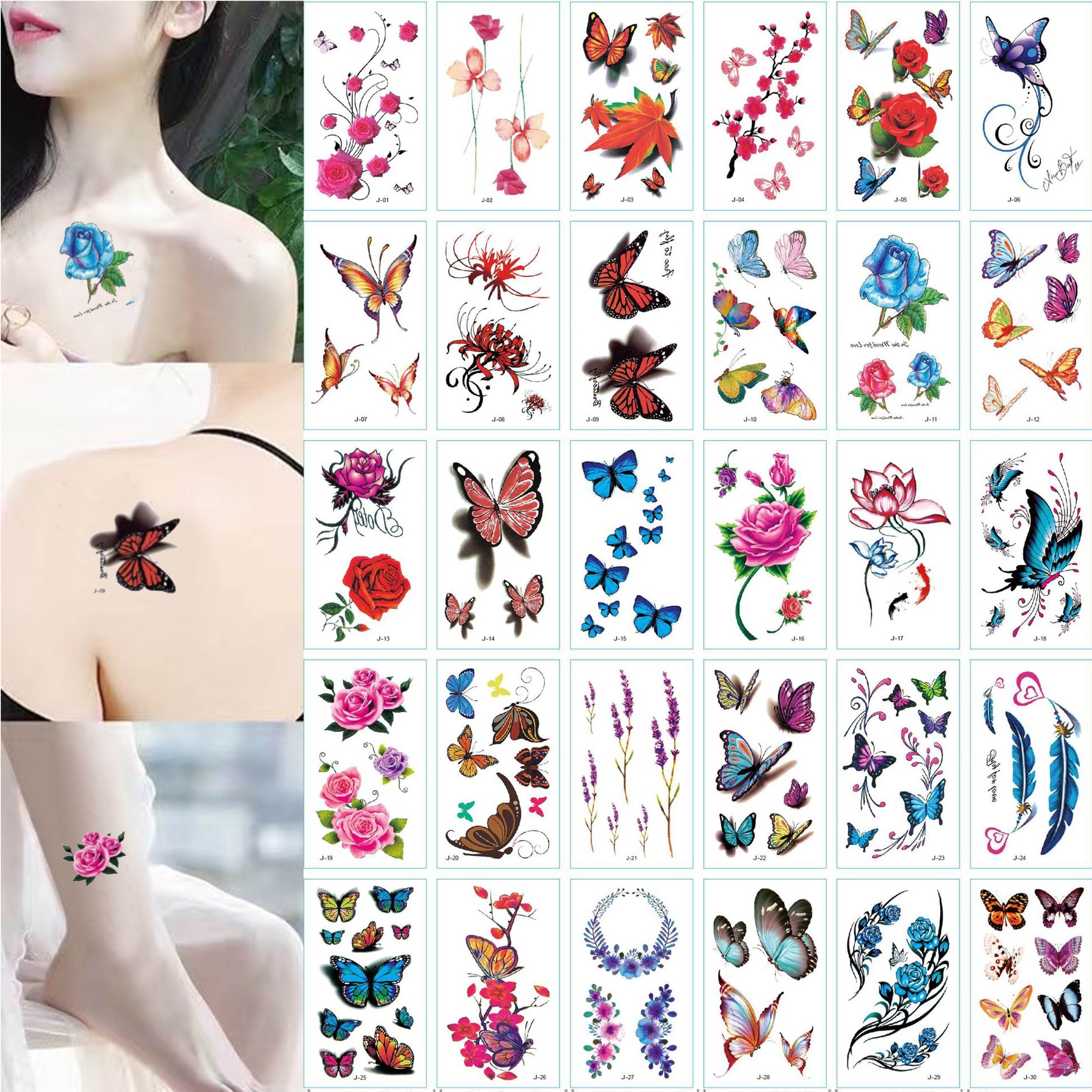30 Sheets Butterfly Rose Flower Feather Temporary Tattoos