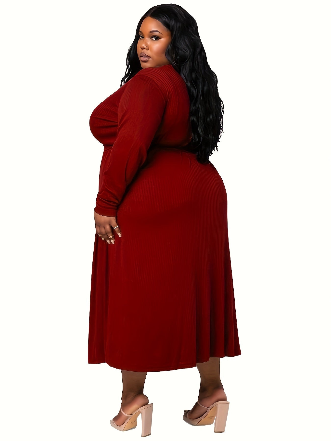 Plus Size Solid Ribbed Long Sleeve Maxi Dress With Belt
