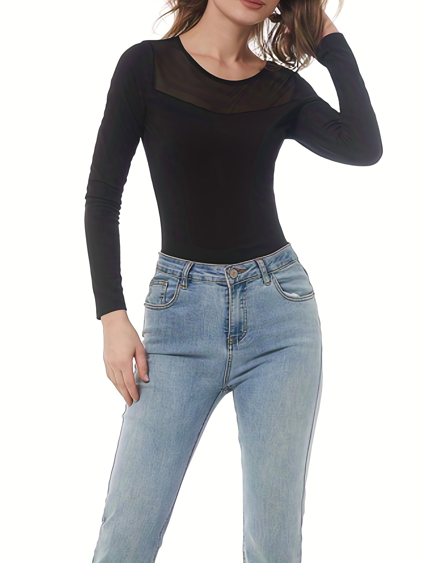 Contrast Mesh Solid Bodysuit Long Sleeve Sexy Slim Bodysuit