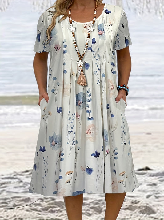  Floral Print Short Sleeve Pleated Dress With Pockets