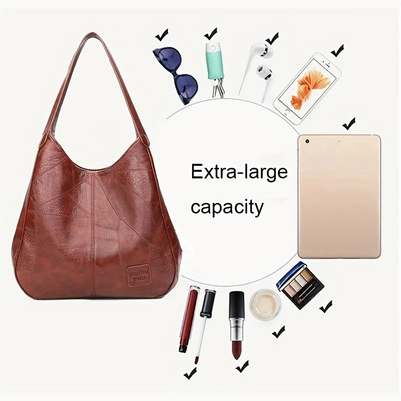 Vintage PU Hobo Bag Large Capacity Tote Bag Women's Travel Shoulder Bag