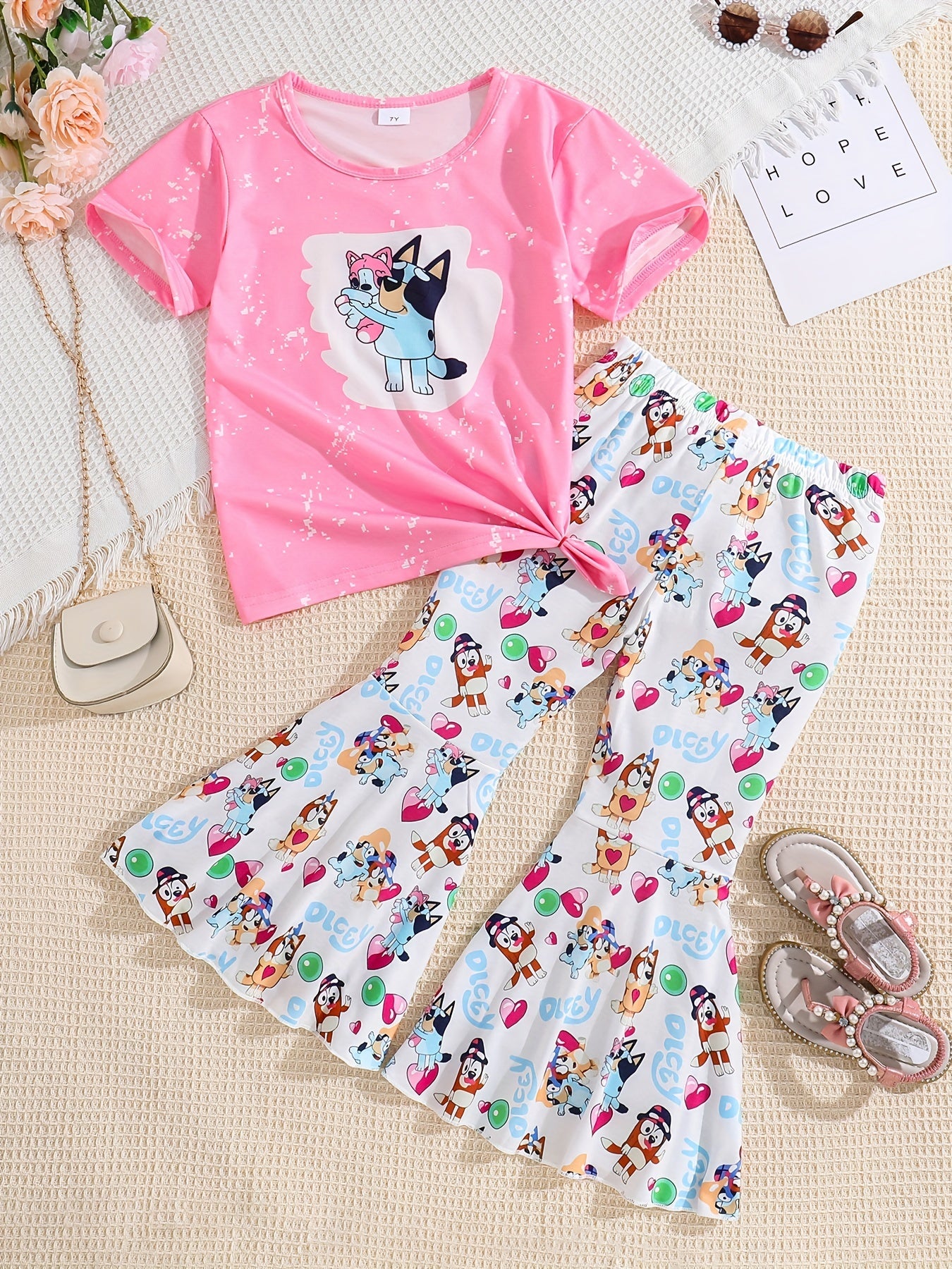2 Pack Toddler Girls Tie Dyed Bell Bottom Suit Short Sleeve Tee & Pants Set