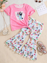 2 Pack Toddler Girls Tie Dyed Bell Bottom Suit Short Sleeve Tee & Pants Set