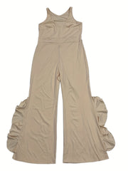  V-Neck Ruffle Trim Flared Leg Jumpsuit