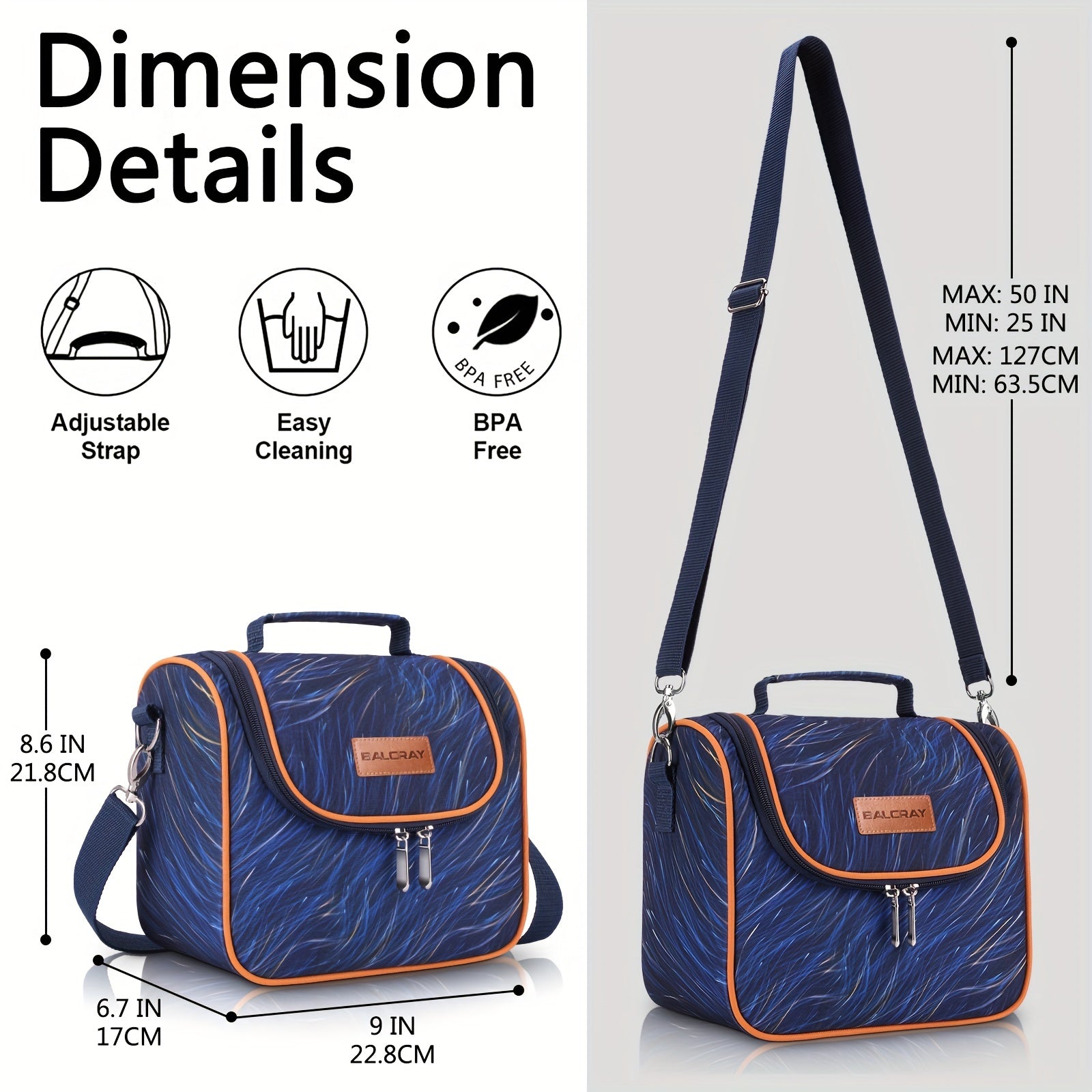 Stylish Insulated Lunch Bag with Hook & Loop Fastener Zipper & Shoulder Strap