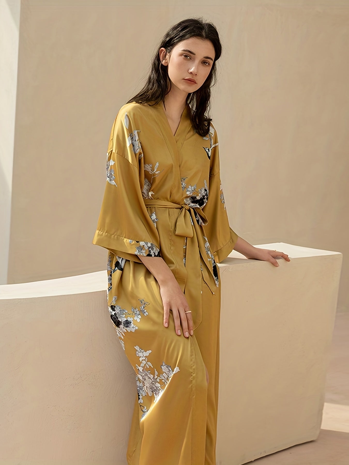  Satin Floral Print Nightgown V-Neck Sleepwear Robe with Belt