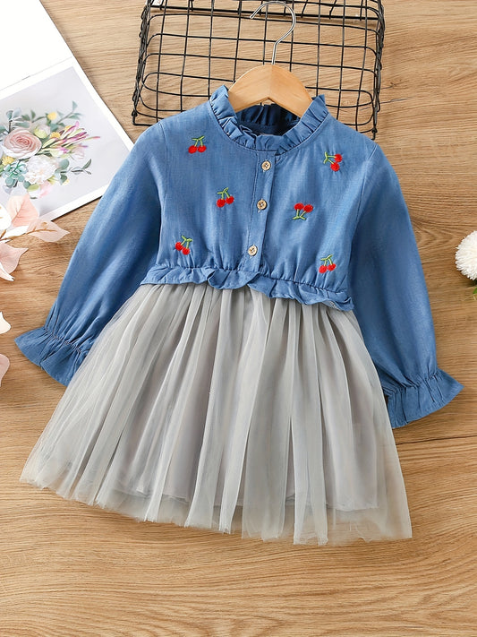 Girls Cherry Embroidery Tutu Dress For Spring And Autumn