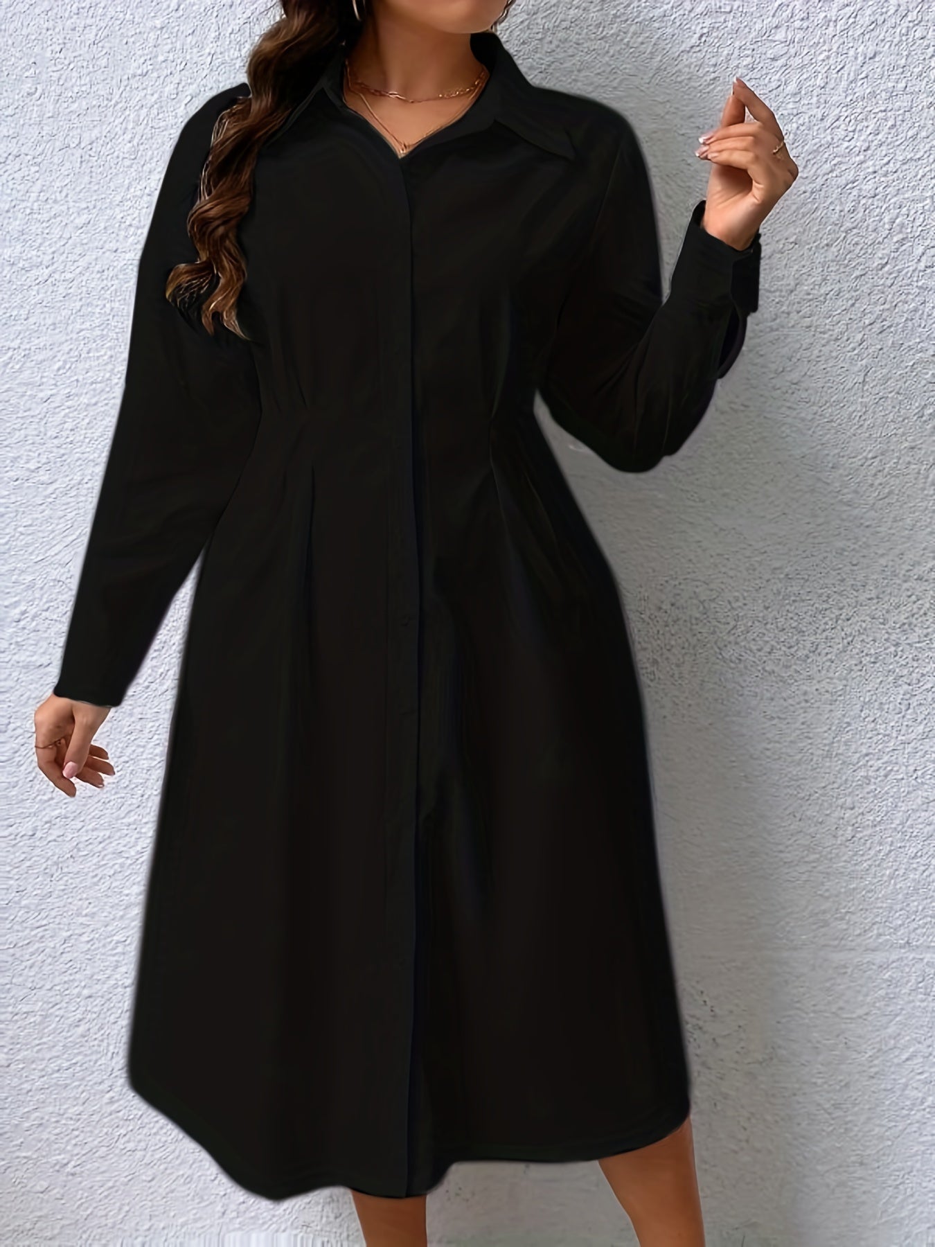  Solid Button Up Long Sleeve Polo Neck Midi Shirt Dress