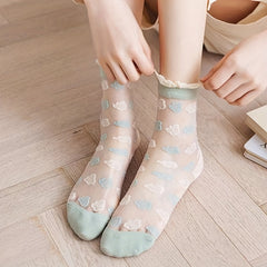 5 Pairs Floral & Heart Print Mesh Socks Women's Stockings & Hosiery