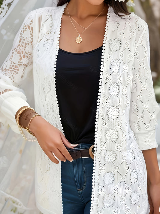  Eyelet Embroidered Cardigan Three Quarter Sleeve Cover Up