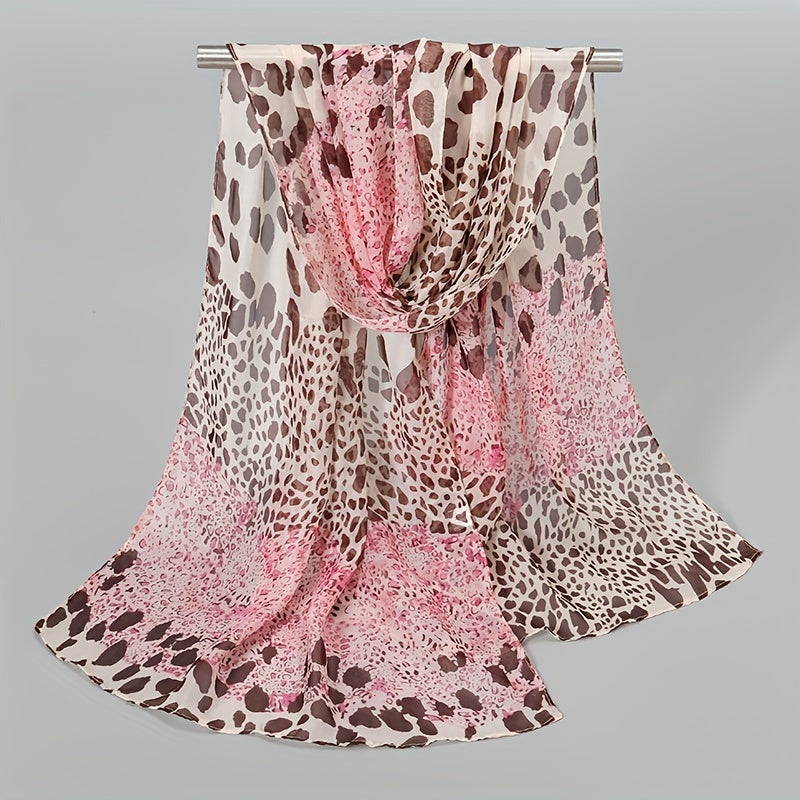 Leopard Print Chiffon Scarf Classic Block Shawl Boho Windproof Head Wrap