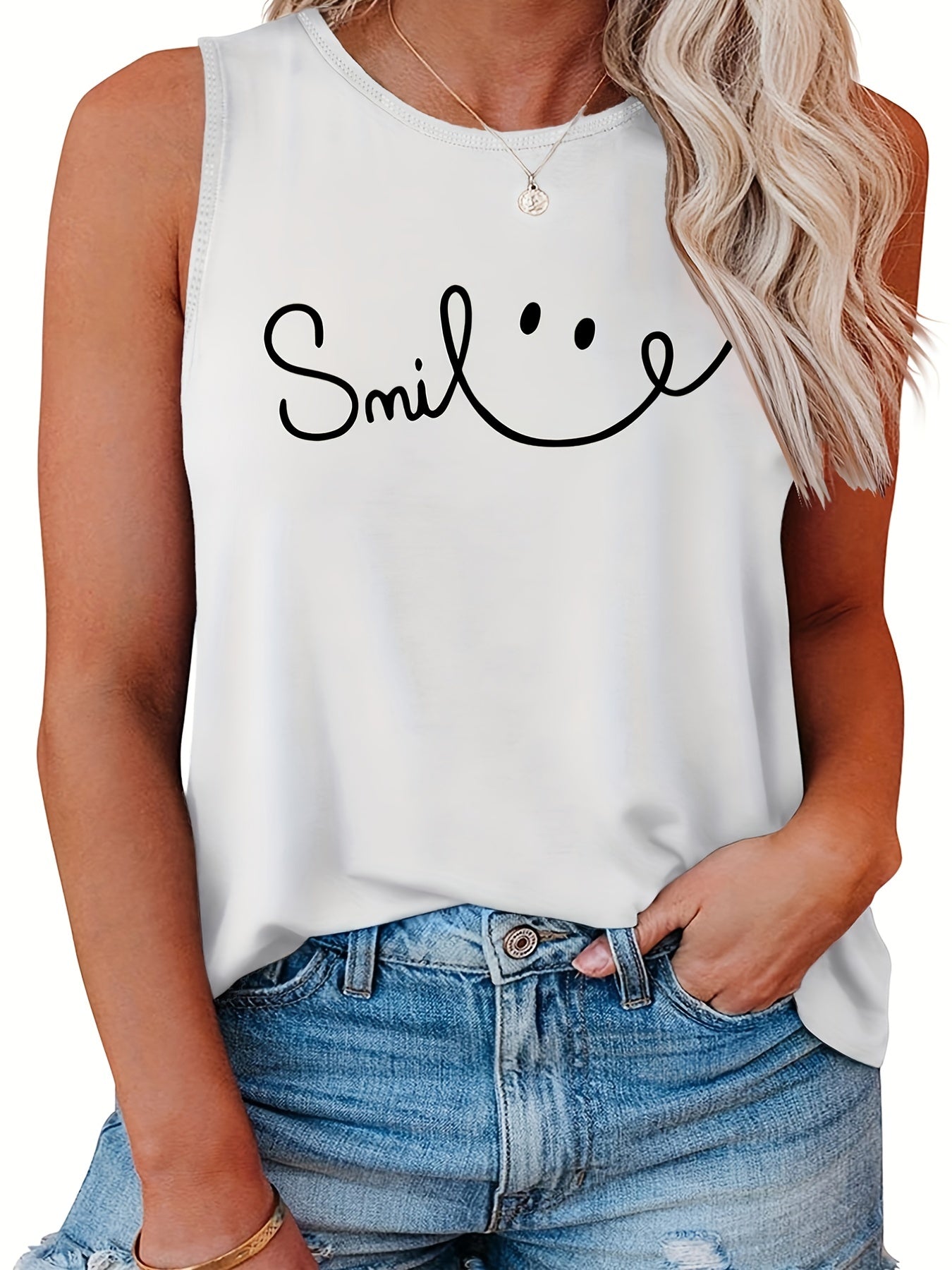  Smiling Face Print Tank Top - Round Neck Stretchy Casual Shirt