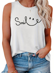  Smiling Face Print Tank Top - Round Neck Stretchy Casual Shirt