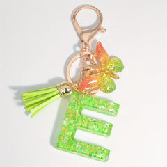 Resin Initial Letter Keychain with Butterfly Sequin Tassel Pendant