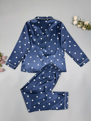 Heart Print Pajama Set Long Sleeve Buttons Top & Elastic Waistband Pants