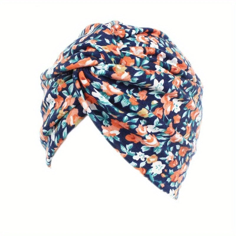 Boho Floral Print Turban Cap Elastic Beanie Knotted Pleated Head Wrap