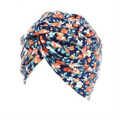 Boho Floral Print Turban Cap Elastic Beanie Knotted Pleated Head Wrap