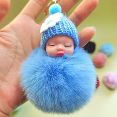 Cute Baby Doll Pom Pom Keychain Bag Charm Fluffy Fur Ball Pendant