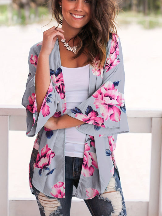 Floral Print V Neck Cover Up Shirts Long Sleeves Loose Fit