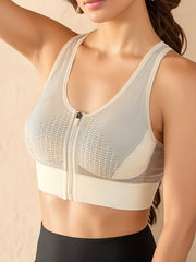 Cut Out Zipper Sports Bra - Colorblock Shockproof Workout Bra