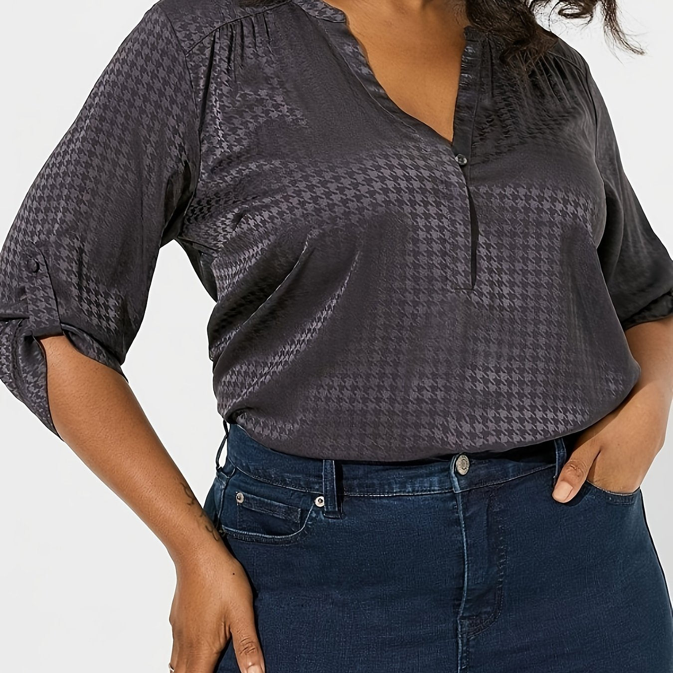  Women's Houndstooth Print Roll Up Long Sleeve Blouse