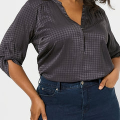  Women's Houndstooth Print Roll Up Long Sleeve Blouse