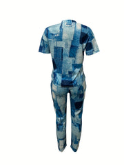 Denim Print Two Piece Set Short Sleeve T shirt & High Waist Pants Outfits