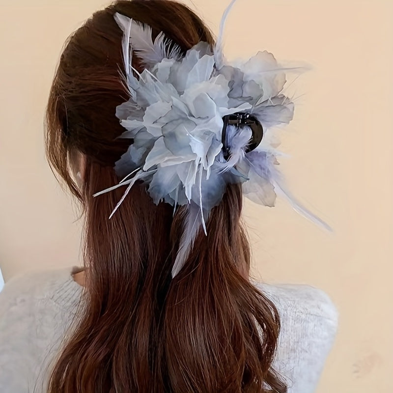 Large Mesh Flower Hair Claw with Faux Feather Decor Hair Claw Shark Claw