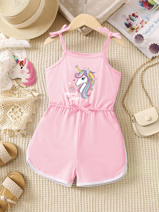 Toddler Girls Unicorn Graphic Bow Cami Rompers Jumpsuits