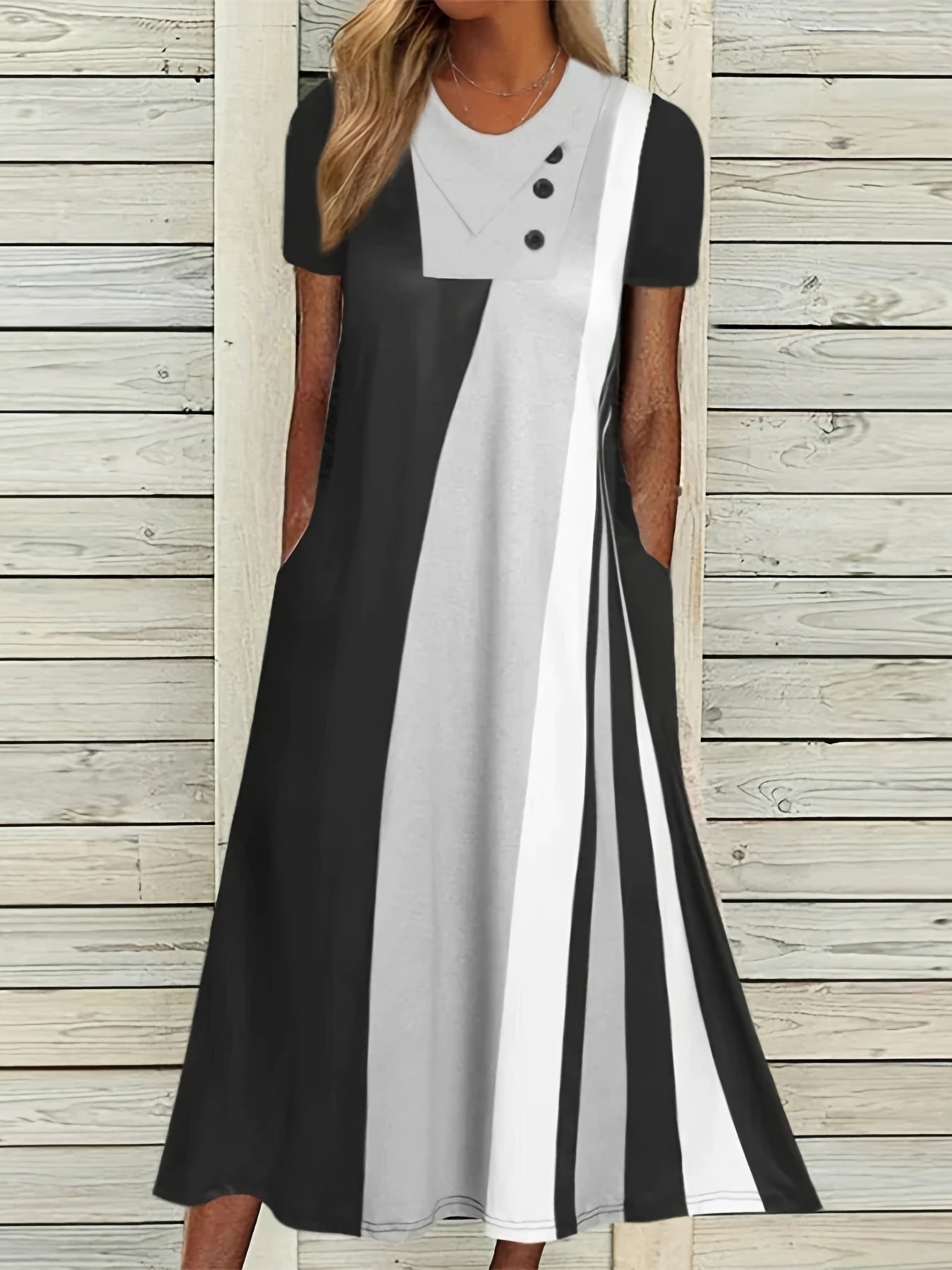  Casual Dress Women's Plus Ccolorblock Button Decor