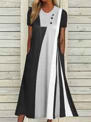  Casual Dress Women's Plus Ccolorblock Button Decor