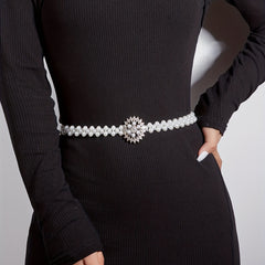Sunflower Buckle Faux Pearl Chain Dress Belt